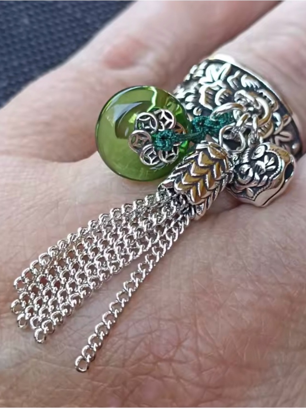Green Stone Tassel Charm Silver Ring - Picture 8 of 15